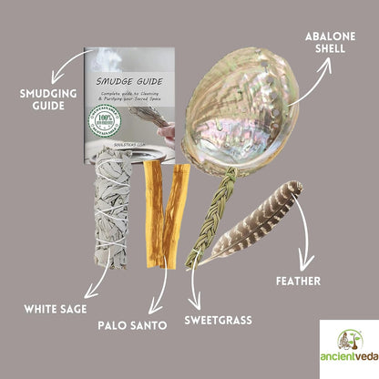 Organic Smudge Kit – Yerba Santa, Palo Santo, Sweetgrass Braid, Feather & Smudge Guide | Home Cleansing Kit for Meditation, Yoga, Energy Healing & Gift (Starter Kit, Yerba Santa Sage)