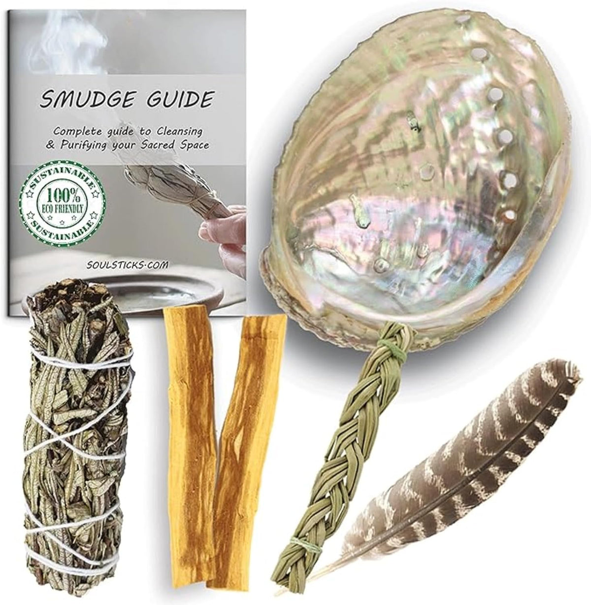 Organic Smudge Kit – Yerba Santa, Palo Santo, Sweetgrass Braid, Feather & Smudge Guide | Home Cleansing Kit for Meditation, Yoga, Energy Healing & Gift (Starter Kit, Yerba Santa Sage)