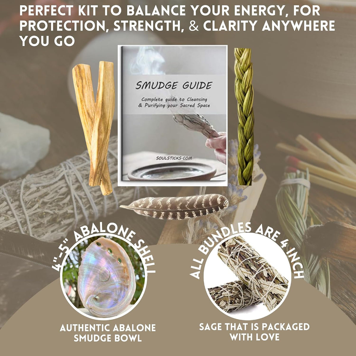 Organic Smudge Kit – Yerba Santa, Palo Santo, Sweetgrass Braid, Feather & Smudge Guide | Home Cleansing Kit for Meditation, Yoga, Energy Healing & Gift (Starter Kit, Yerba Santa Sage)