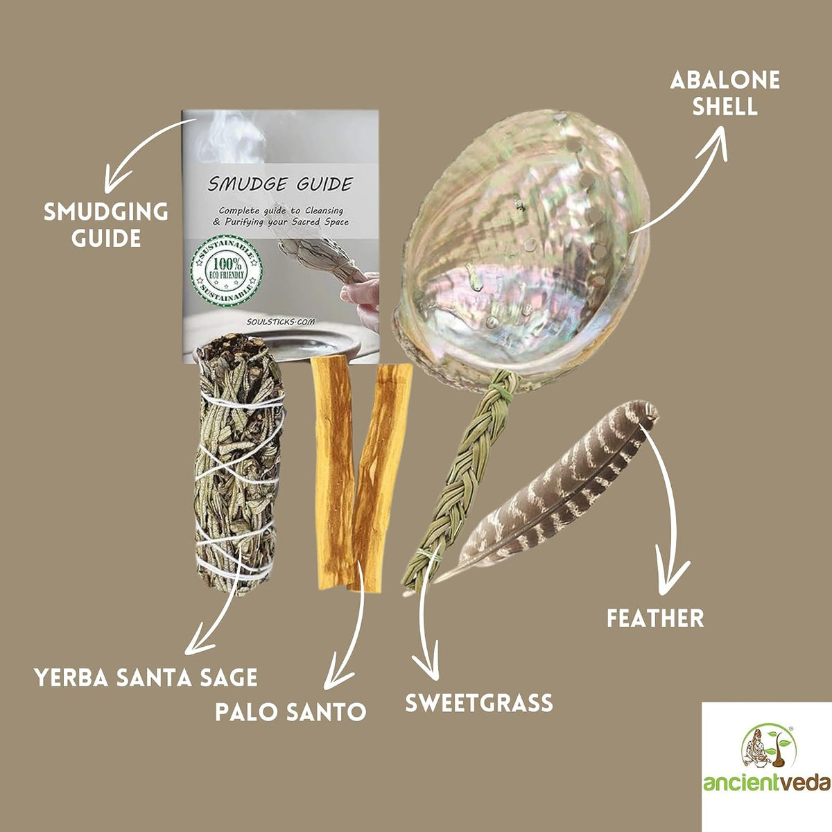 Organic Smudge Kit – Yerba Santa, Palo Santo, Sweetgrass Braid, Feather & Smudge Guide | Home Cleansing Kit for Meditation, Yoga, Energy Healing & Gift (Starter Kit, Yerba Santa Sage)