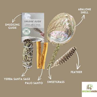 Organic Smudge Kit – Yerba Santa, Palo Santo, Sweetgrass Braid, Feather & Smudge Guide | Home Cleansing Kit for Meditation, Yoga, Energy Healing & Gift (Starter Kit, Yerba Santa Sage)