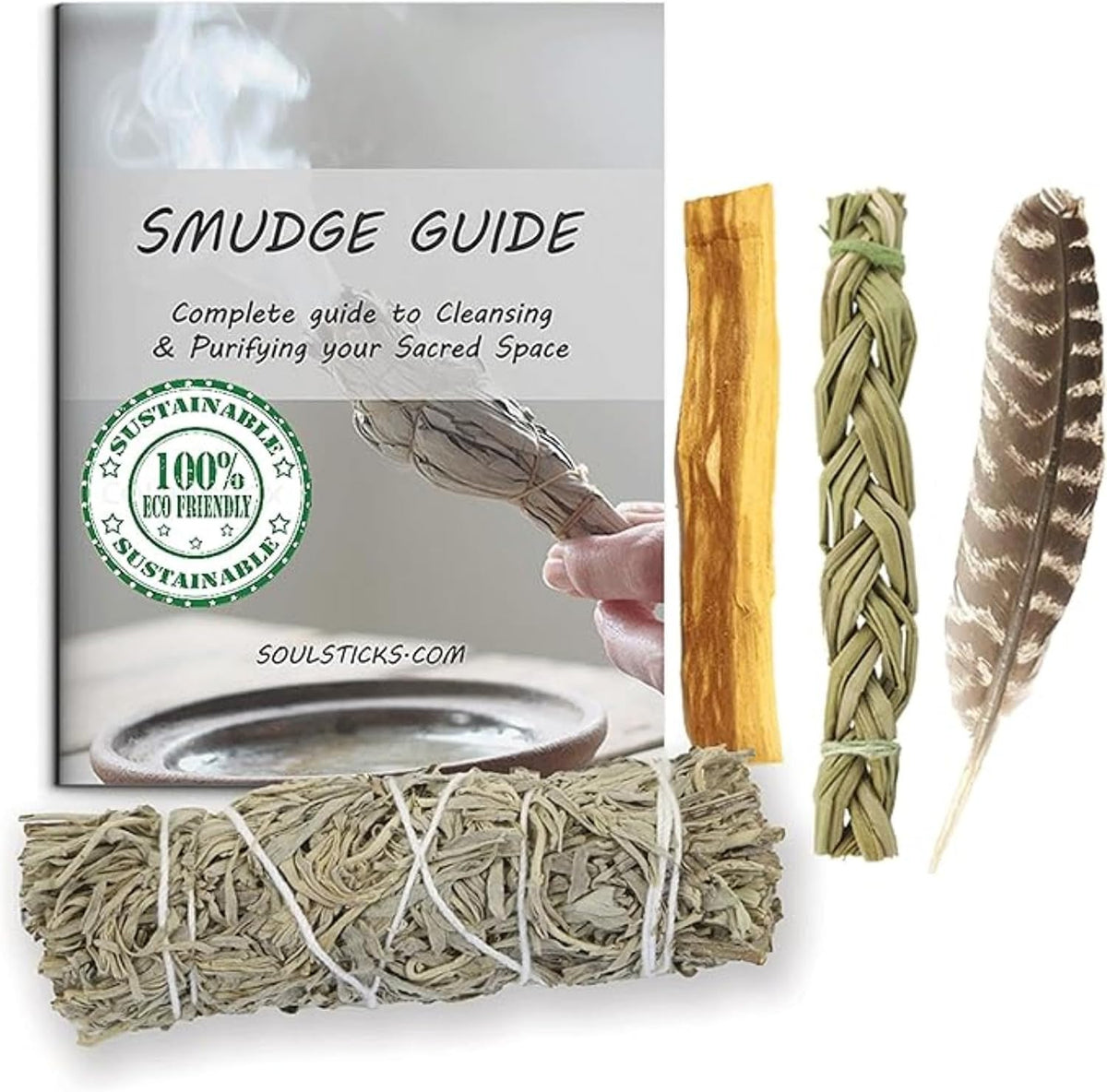 Organic Smudge Kit – Yerba Santa, Palo Santo, Sweetgrass Braid, Feather & Smudge Guide | Home Cleansing Kit for Meditation, Yoga, Energy Healing & Gift (Starter Kit, Yerba Santa Sage)