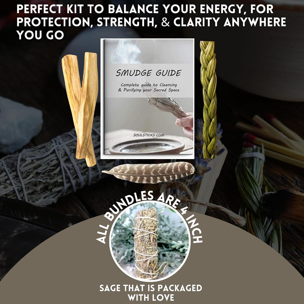 Organic Smudge Kit – Yerba Santa, Palo Santo, Sweetgrass Braid, Feather & Smudge Guide | Home Cleansing Kit for Meditation, Yoga, Energy Healing & Gift (Starter Kit, Yerba Santa Sage)