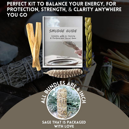 Organic Smudge Kit – Yerba Santa, Palo Santo, Sweetgrass Braid, Feather & Smudge Guide | Home Cleansing Kit for Meditation, Yoga, Energy Healing & Gift (Starter Kit, Yerba Santa Sage)