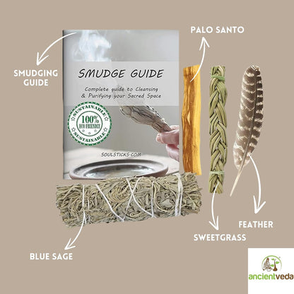 Organic Smudge Kit – Yerba Santa, Palo Santo, Sweetgrass Braid, Feather & Smudge Guide | Home Cleansing Kit for Meditation, Yoga, Energy Healing & Gift (Starter Kit, Yerba Santa Sage)