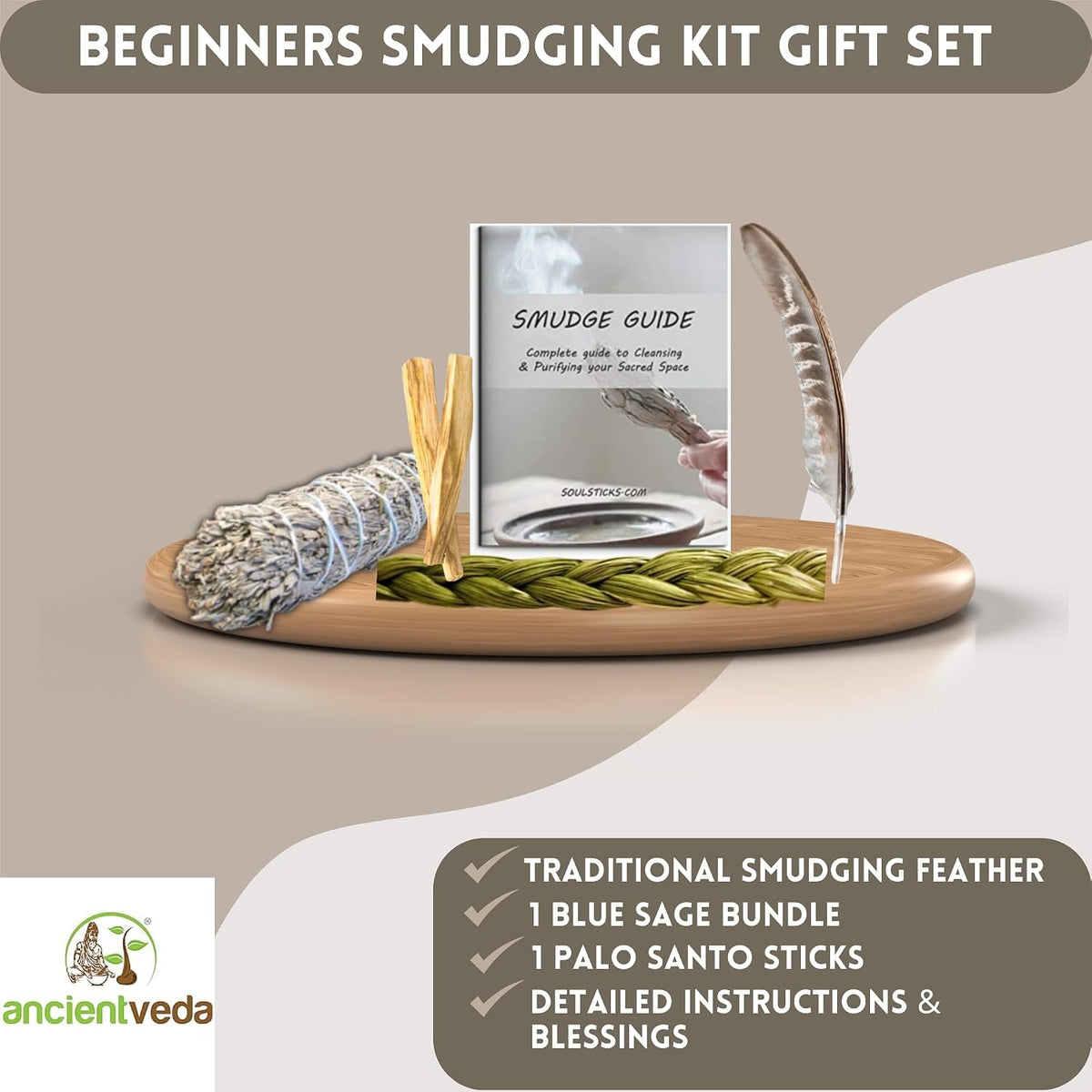 Organic Smudge Kit – Yerba Santa, Palo Santo, Sweetgrass Braid, Feather & Smudge Guide | Home Cleansing Kit for Meditation, Yoga, Energy Healing & Gift (Starter Kit, Yerba Santa Sage)