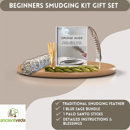 Organic Smudge Kit – Yerba Santa, Palo Santo, Sweetgrass Braid, Feather & Smudge Guide | Home Cleansing Kit for Meditation, Yoga, Energy Healing & Gift (Starter Kit, Yerba Santa Sage)