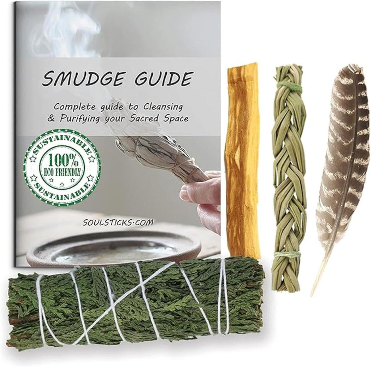 Organic Smudge Kit – Yerba Santa, Palo Santo, Sweetgrass Braid, Feather & Smudge Guide | Home Cleansing Kit for Meditation, Yoga, Energy Healing & Gift (Starter Kit, Yerba Santa Sage)