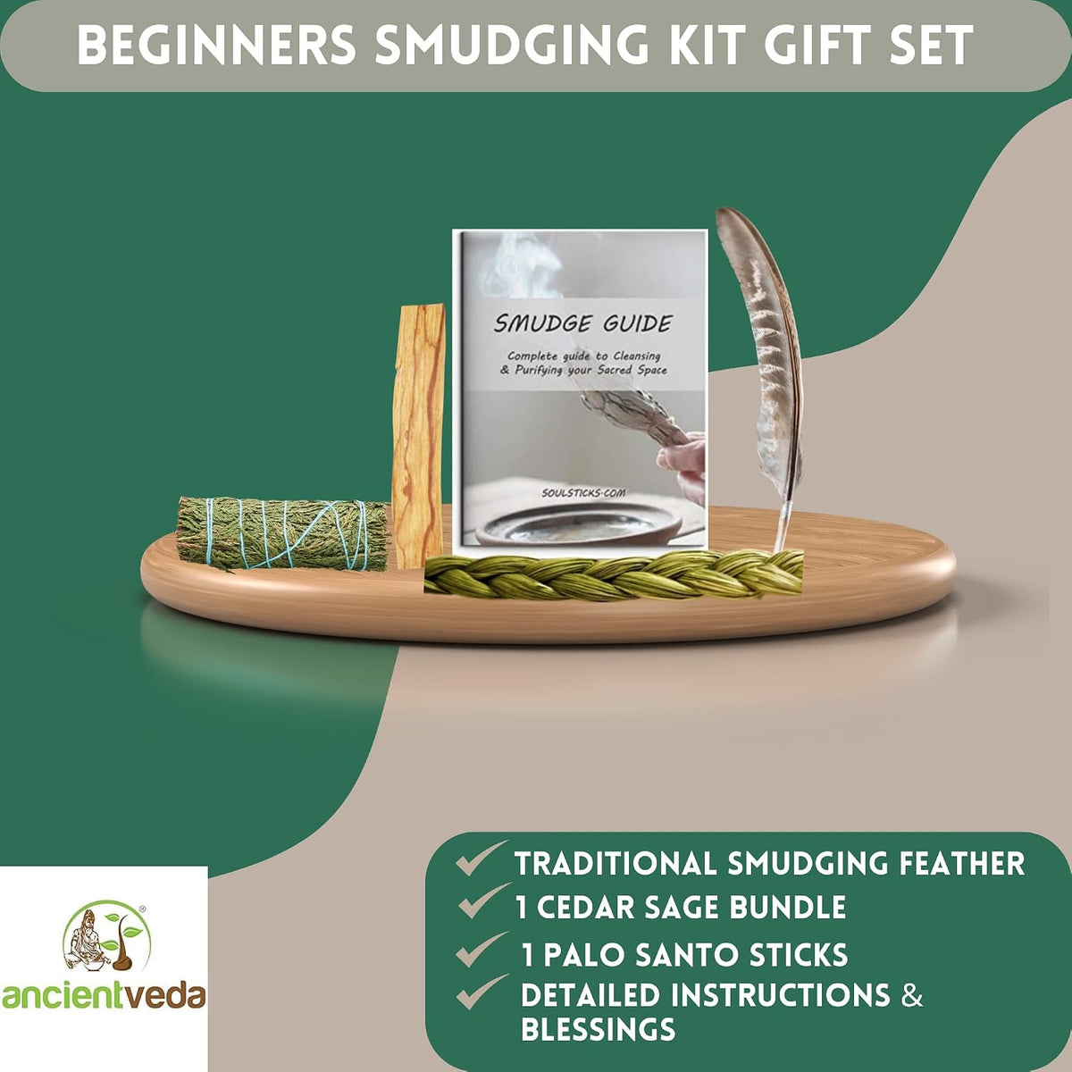 Organic Smudge Kit – Yerba Santa, Palo Santo, Sweetgrass Braid, Feather & Smudge Guide | Home Cleansing Kit for Meditation, Yoga, Energy Healing & Gift (Starter Kit, Yerba Santa Sage)