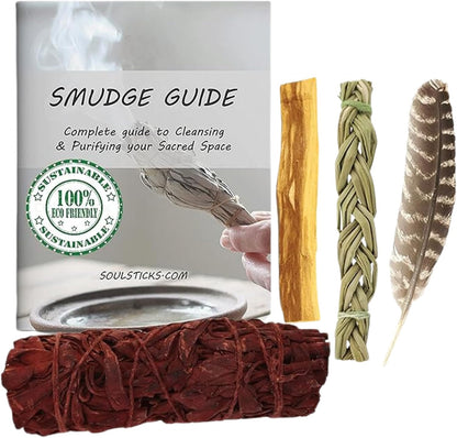 Organic Smudge Kit – Yerba Santa, Palo Santo, Sweetgrass Braid, Feather & Smudge Guide | Home Cleansing Kit for Meditation, Yoga, Energy Healing & Gift (Starter Kit, Yerba Santa Sage)