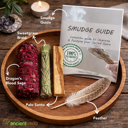 Organic Smudge Kit – Yerba Santa, Palo Santo, Sweetgrass Braid, Feather & Smudge Guide | Home Cleansing Kit for Meditation, Yoga, Energy Healing & Gift (Starter Kit, Yerba Santa Sage)