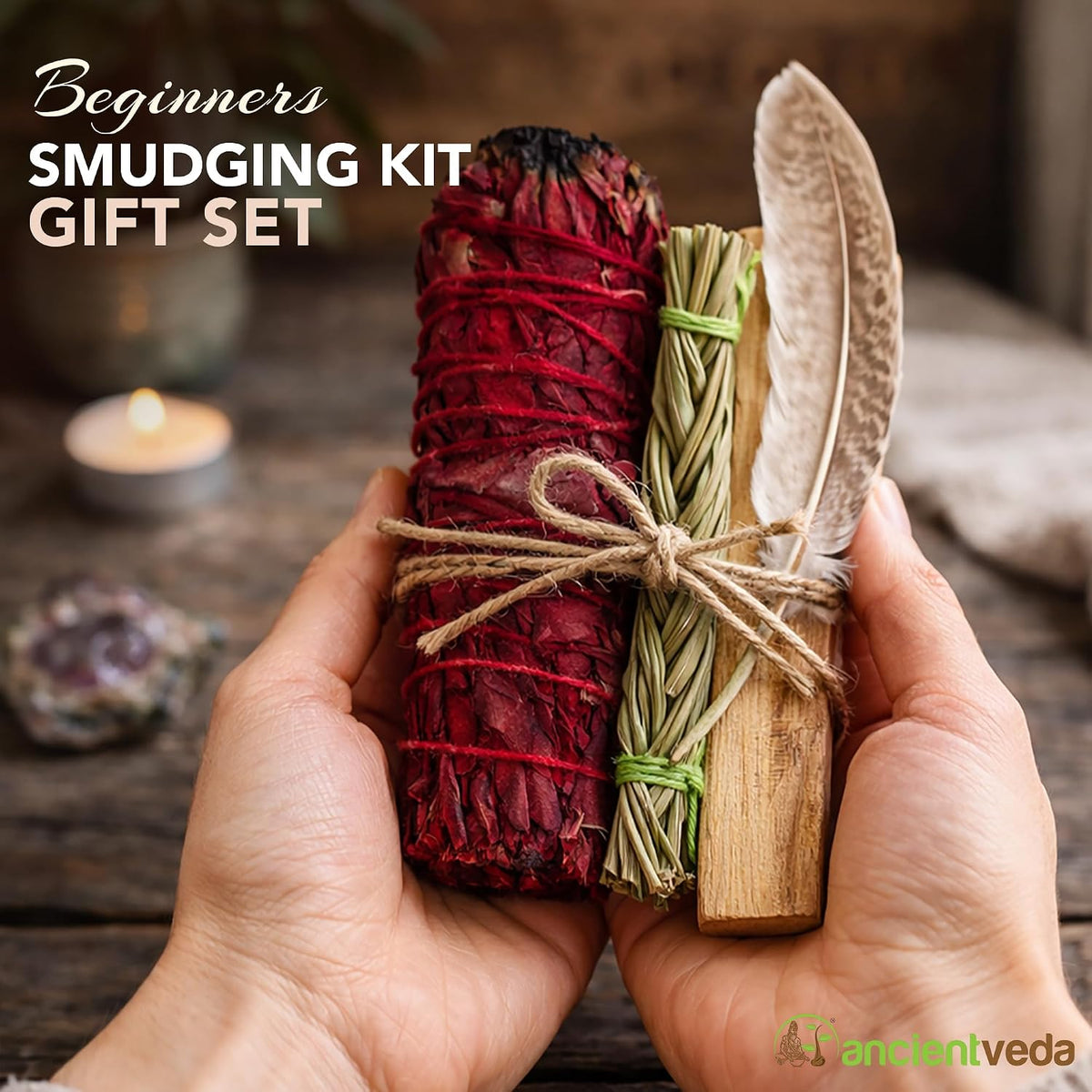 Organic Smudge Kit – Yerba Santa, Palo Santo, Sweetgrass Braid, Feather & Smudge Guide | Home Cleansing Kit for Meditation, Yoga, Energy Healing & Gift (Starter Kit, Yerba Santa Sage)