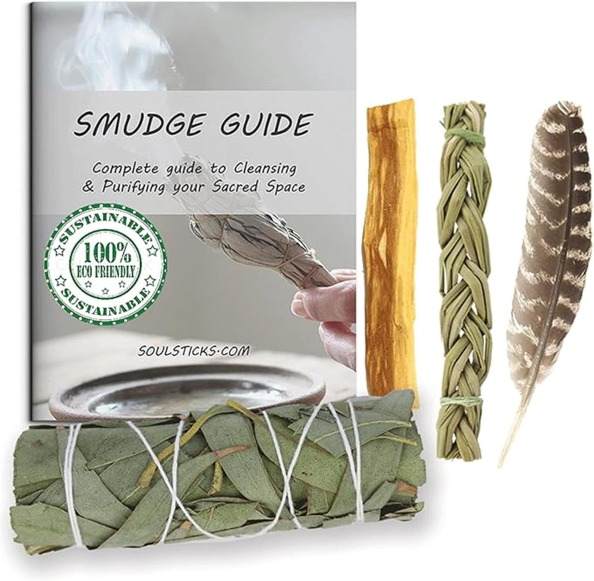 Organic Smudge Kit – Yerba Santa, Palo Santo, Sweetgrass Braid, Feather & Smudge Guide | Home Cleansing Kit for Meditation, Yoga, Energy Healing & Gift (Starter Kit, Yerba Santa Sage)