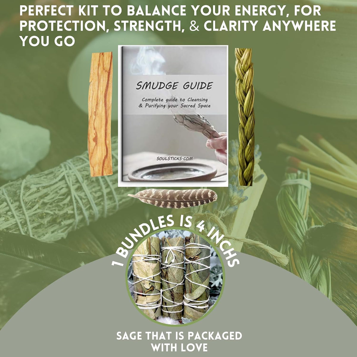 Organic Smudge Kit – Yerba Santa, Palo Santo, Sweetgrass Braid, Feather & Smudge Guide | Home Cleansing Kit for Meditation, Yoga, Energy Healing & Gift (Starter Kit, Yerba Santa Sage)
