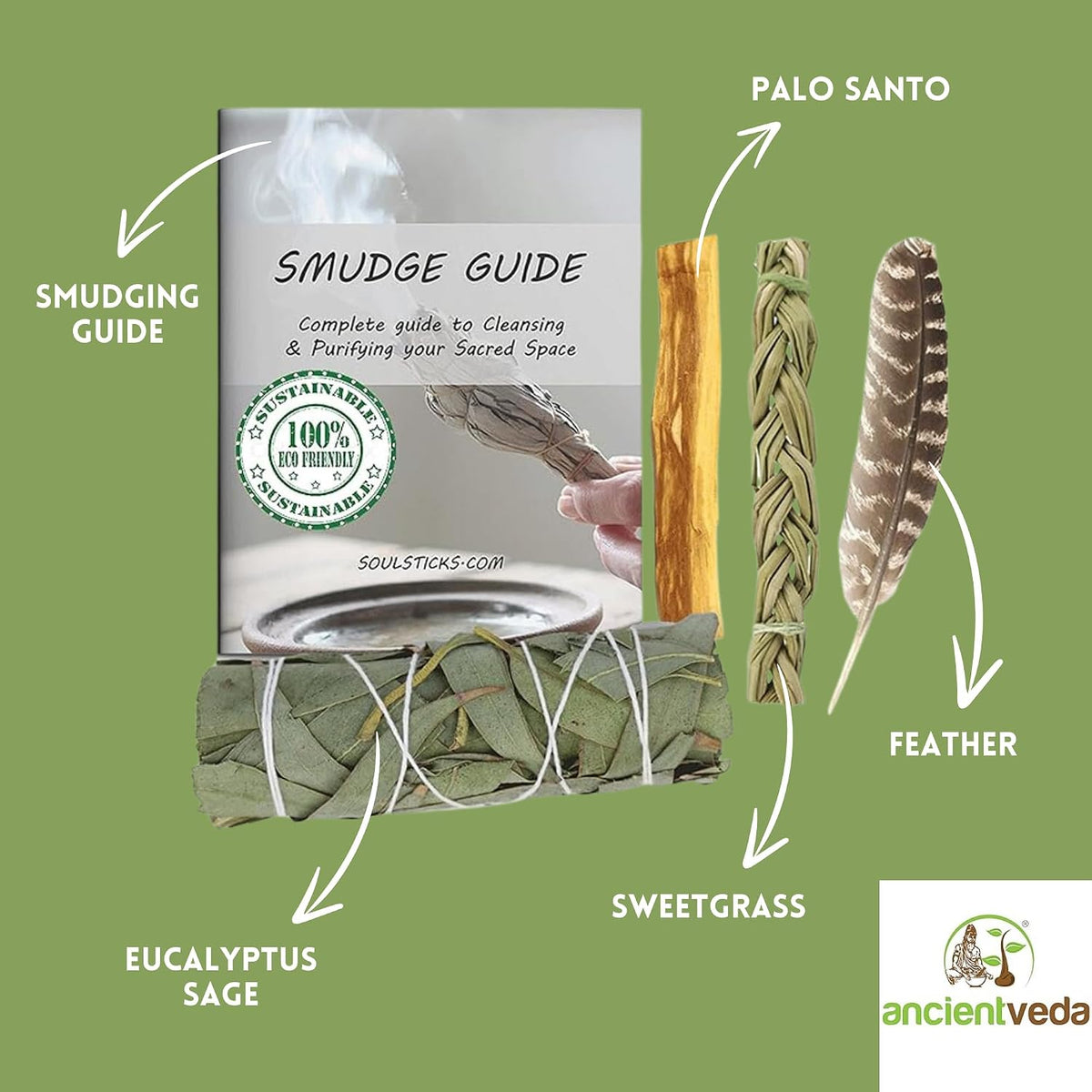 Organic Smudge Kit – Yerba Santa, Palo Santo, Sweetgrass Braid, Feather & Smudge Guide | Home Cleansing Kit for Meditation, Yoga, Energy Healing & Gift (Starter Kit, Yerba Santa Sage)