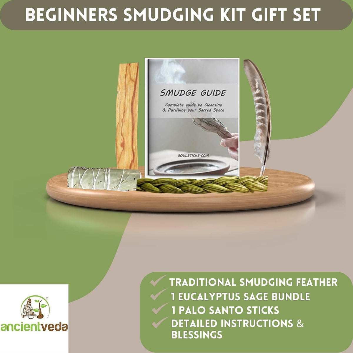 Organic Smudge Kit – Yerba Santa, Palo Santo, Sweetgrass Braid, Feather & Smudge Guide | Home Cleansing Kit for Meditation, Yoga, Energy Healing & Gift (Starter Kit, Yerba Santa Sage)