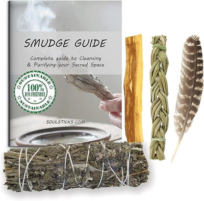 Organic Smudge Kit – Yerba Santa, Palo Santo, Sweetgrass Braid, Feather & Smudge Guide | Home Cleansing Kit for Meditation, Yoga, Energy Healing & Gift (Starter Kit, Yerba Santa Sage)