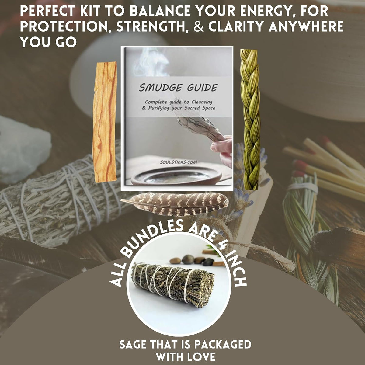 Organic Smudge Kit – Yerba Santa, Palo Santo, Sweetgrass Braid, Feather & Smudge Guide | Home Cleansing Kit for Meditation, Yoga, Energy Healing & Gift (Starter Kit, Yerba Santa Sage)