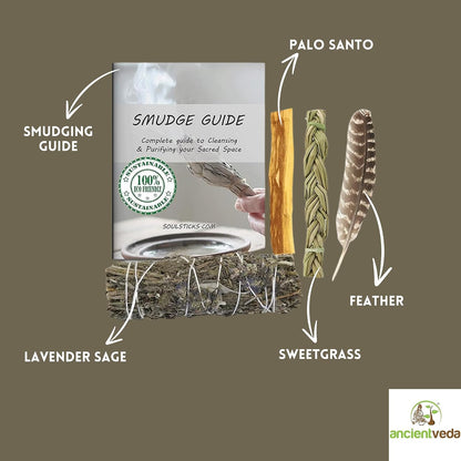 Organic Smudge Kit – Yerba Santa, Palo Santo, Sweetgrass Braid, Feather & Smudge Guide | Home Cleansing Kit for Meditation, Yoga, Energy Healing & Gift (Starter Kit, Yerba Santa Sage)