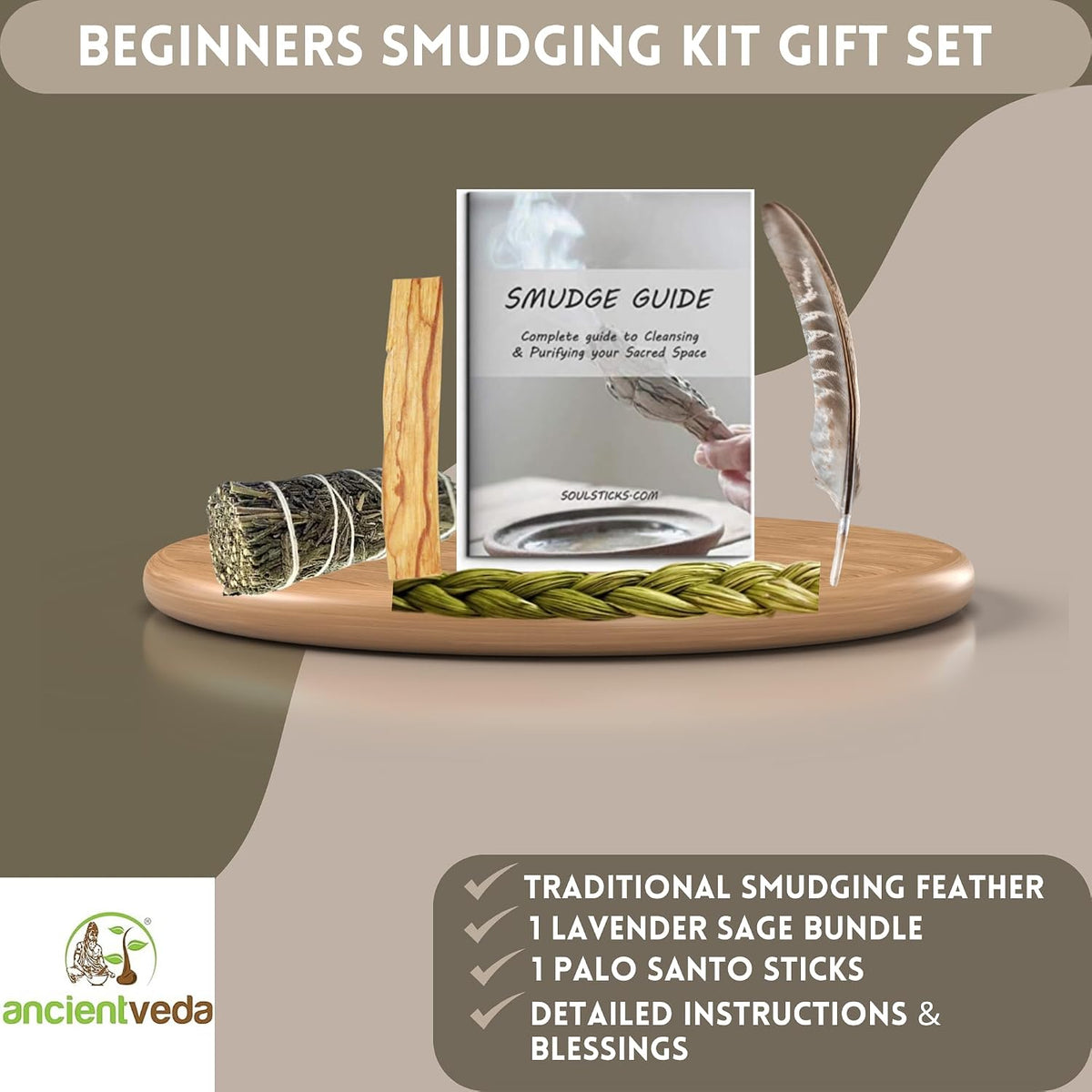 Organic Smudge Kit – Yerba Santa, Palo Santo, Sweetgrass Braid, Feather & Smudge Guide | Home Cleansing Kit for Meditation, Yoga, Energy Healing & Gift (Starter Kit, Yerba Santa Sage)
