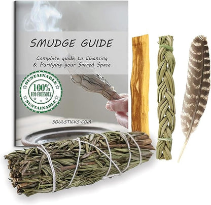Organic Smudge Kit – Yerba Santa, Palo Santo, Sweetgrass Braid, Feather & Smudge Guide | Home Cleansing Kit for Meditation, Yoga, Energy Healing & Gift (Starter Kit, Yerba Santa Sage)