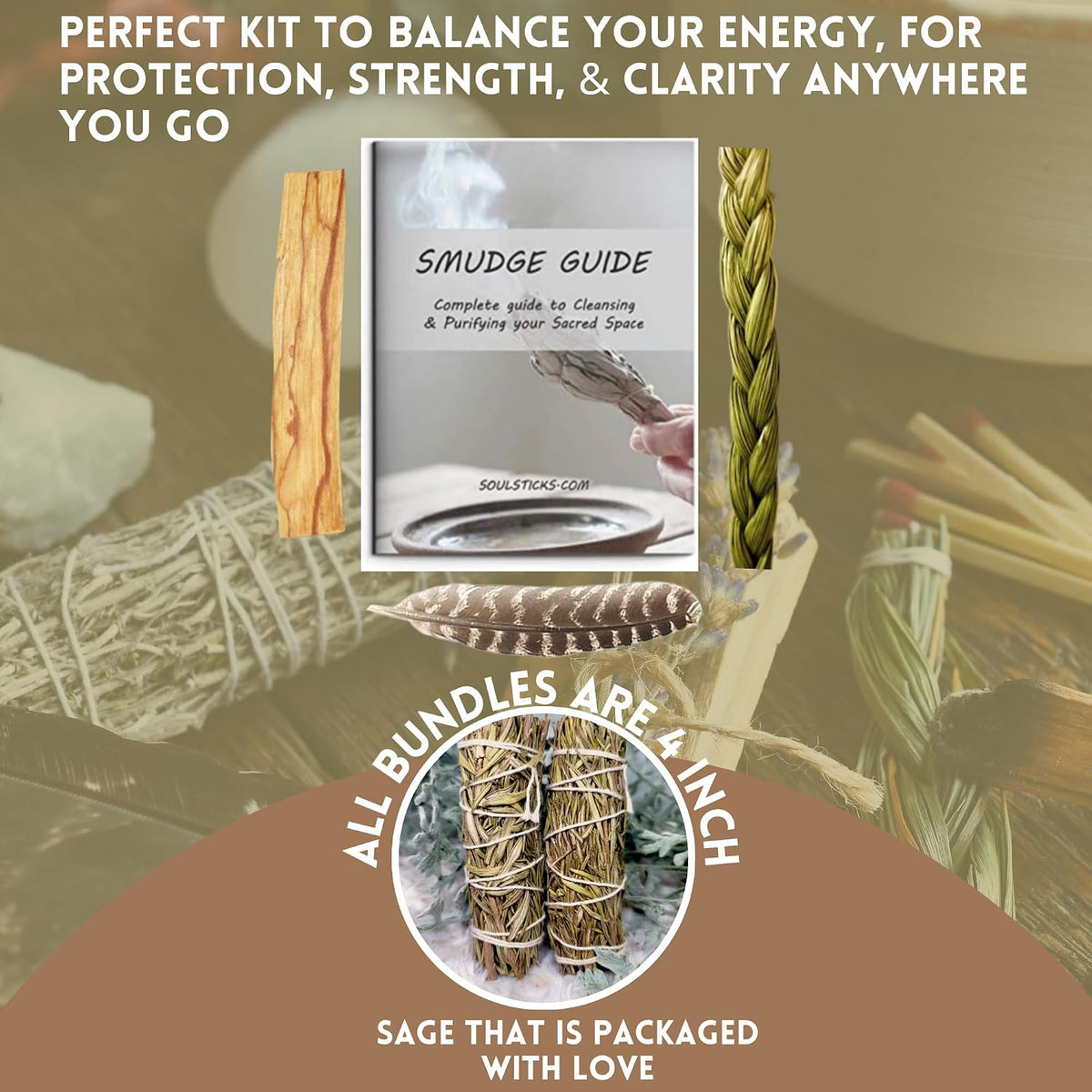 Organic Smudge Kit – Yerba Santa, Palo Santo, Sweetgrass Braid, Feather & Smudge Guide | Home Cleansing Kit for Meditation, Yoga, Energy Healing & Gift (Starter Kit, Yerba Santa Sage)