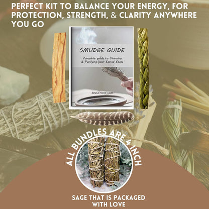 Organic Smudge Kit – Yerba Santa, Palo Santo, Sweetgrass Braid, Feather & Smudge Guide | Home Cleansing Kit for Meditation, Yoga, Energy Healing & Gift (Starter Kit, Yerba Santa Sage)
