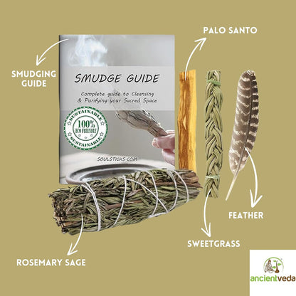 Organic Smudge Kit – Yerba Santa, Palo Santo, Sweetgrass Braid, Feather & Smudge Guide | Home Cleansing Kit for Meditation, Yoga, Energy Healing & Gift (Starter Kit, Yerba Santa Sage)