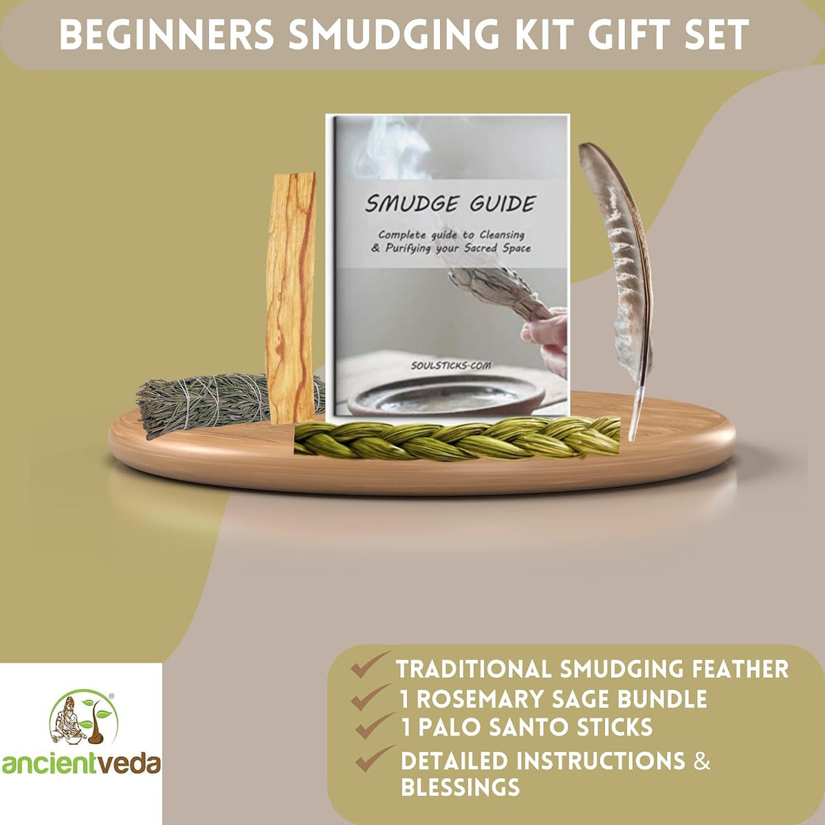 Organic Smudge Kit – Yerba Santa, Palo Santo, Sweetgrass Braid, Feather & Smudge Guide | Home Cleansing Kit for Meditation, Yoga, Energy Healing & Gift (Starter Kit, Yerba Santa Sage)