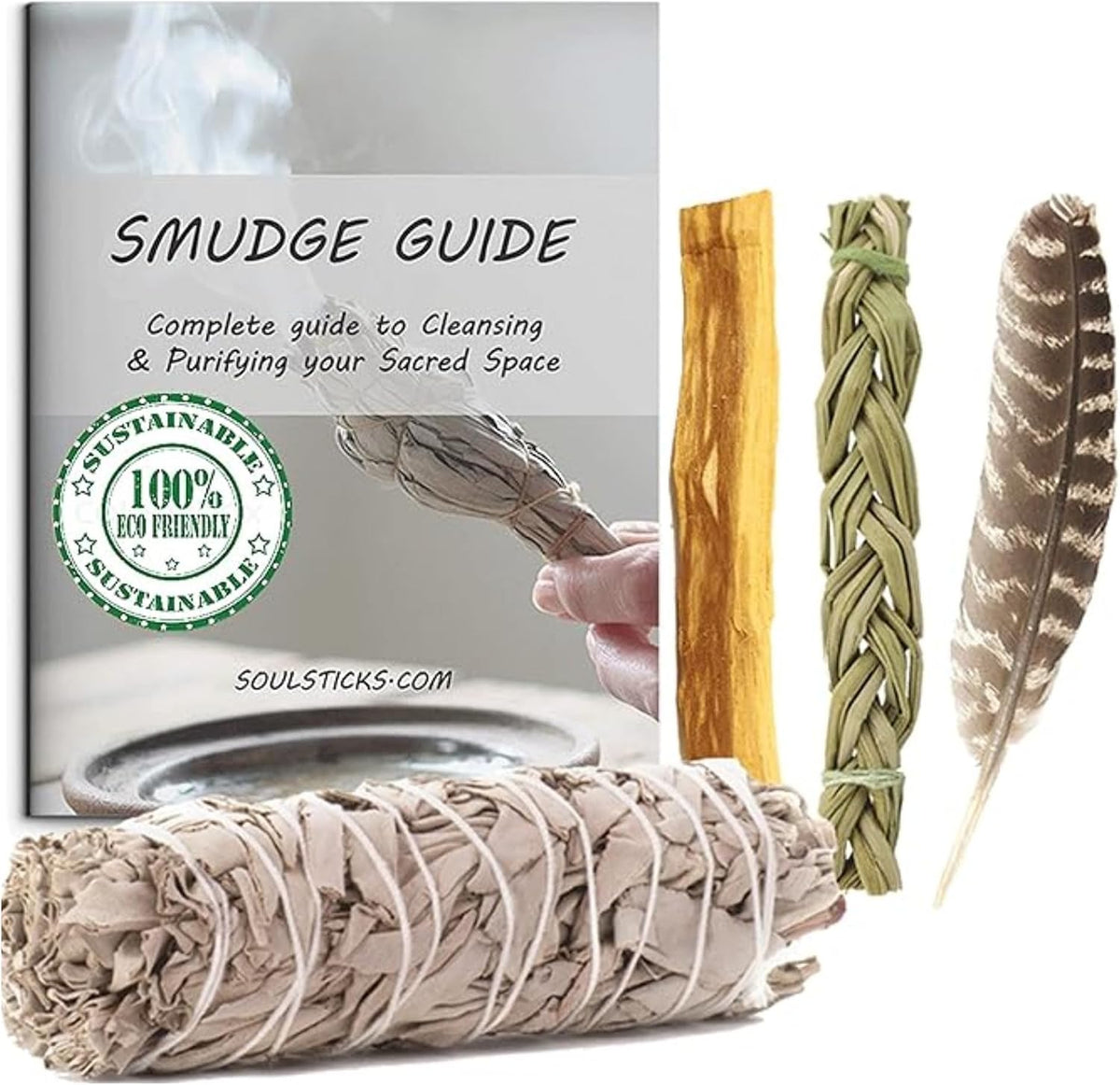 Organic Smudge Kit – Yerba Santa, Palo Santo, Sweetgrass Braid, Feather & Smudge Guide | Home Cleansing Kit for Meditation, Yoga, Energy Healing & Gift (Starter Kit, Yerba Santa Sage)