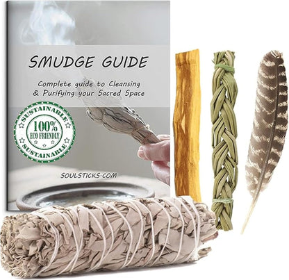 Organic Smudge Kit – Yerba Santa, Palo Santo, Sweetgrass Braid, Feather & Smudge Guide | Home Cleansing Kit for Meditation, Yoga, Energy Healing & Gift (Starter Kit, Yerba Santa Sage)