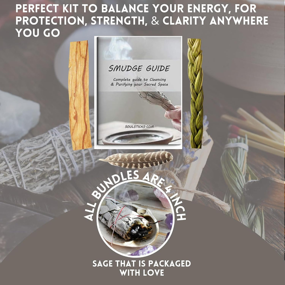 Organic Smudge Kit – Yerba Santa, Palo Santo, Sweetgrass Braid, Feather & Smudge Guide | Home Cleansing Kit for Meditation, Yoga, Energy Healing & Gift (Starter Kit, Yerba Santa Sage)