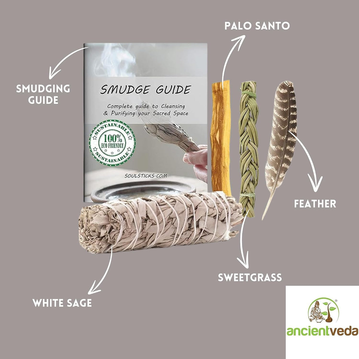 Organic Smudge Kit – Yerba Santa, Palo Santo, Sweetgrass Braid, Feather & Smudge Guide | Home Cleansing Kit for Meditation, Yoga, Energy Healing & Gift (Starter Kit, Yerba Santa Sage)