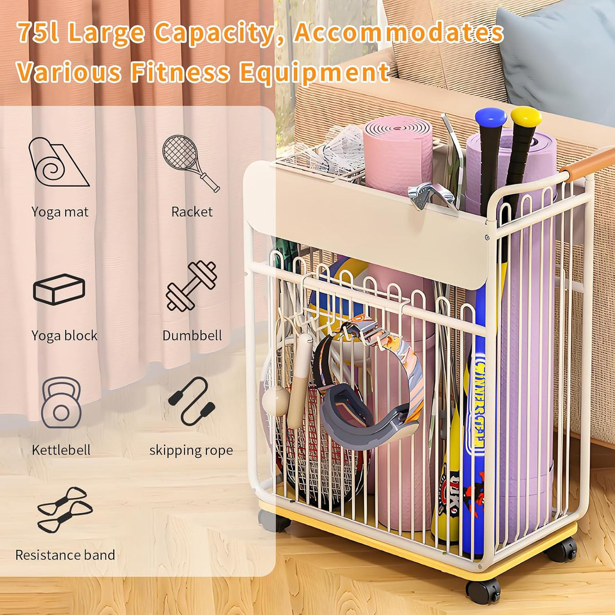 Yoga Mat Storage Rack with Wheels, Home Gym Organizer for Yoga Mats Foam Rollers Dumbbells Towels, Metal Rolling Workout Equipment Storage Rack with Handles and Basket (White, 20×11×24 in)