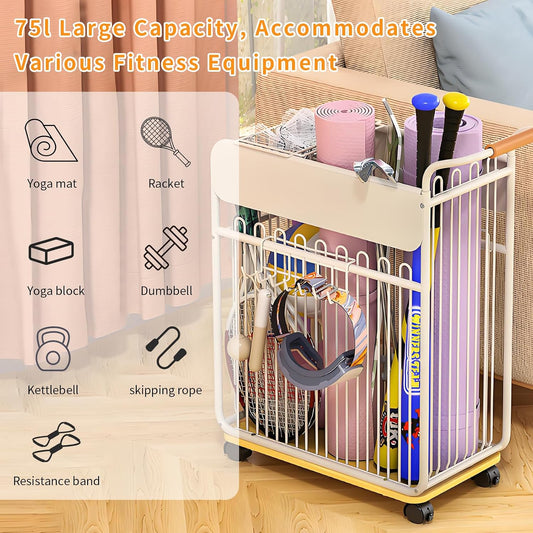 Yoga Mat Storage Rack with Wheels, Home Gym Organizer for Yoga Mats Foam Rollers Dumbbells Towels, Metal Rolling Workout Equipment Storage Rack with Handles and Basket (White, 20×11×24 in)