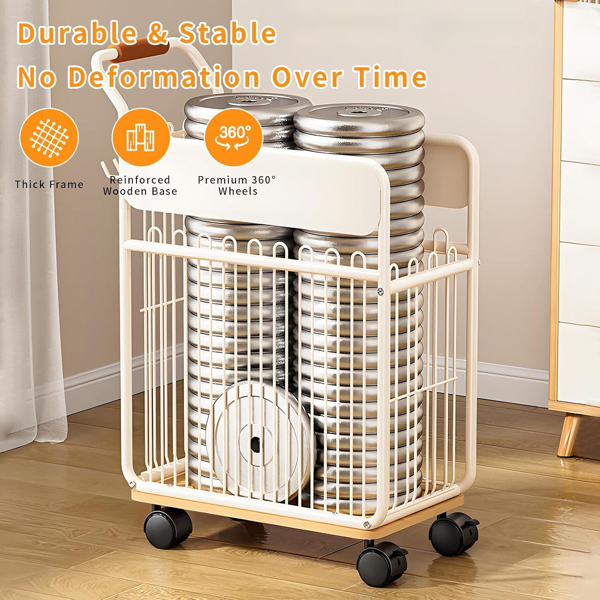 Yoga Mat Storage Rack with Wheels, Home Gym Organizer for Yoga Mats Foam Rollers Dumbbells Towels, Metal Rolling Workout Equipment Storage Rack with Handles and Basket (White, 20×11×24 in)