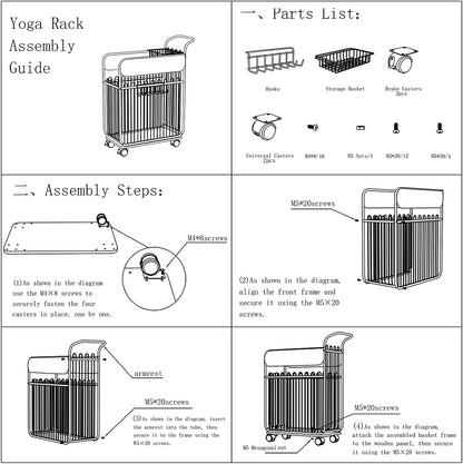 Yoga Mat Storage Rack with Wheels, Home Gym Organizer for Yoga Mats Foam Rollers Dumbbells Towels, Metal Rolling Workout Equipment Storage Rack with Handles and Basket (White, 20×11×24 in)
