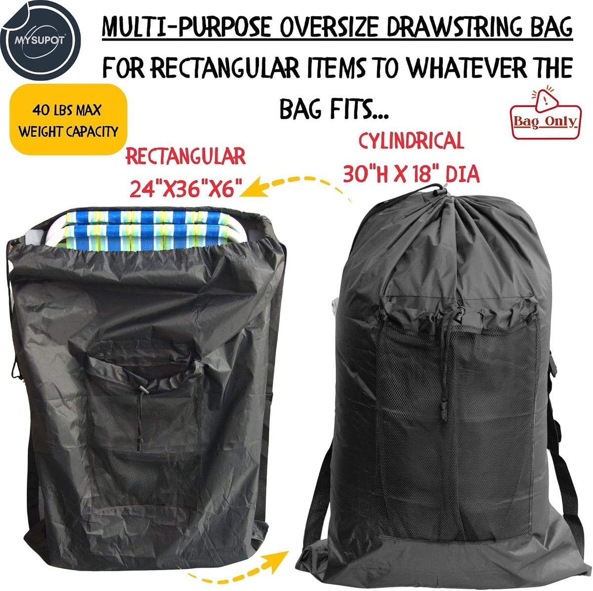 BLACK (Large 36"x24"x6") Beach Chair Bag. For Tent, Camping Mattress, Recliner, Dog Bed, Director & Lounge Chair, Booster Seat, Laundry. Light Duty 420D Polyester w/Adjustable Straps.