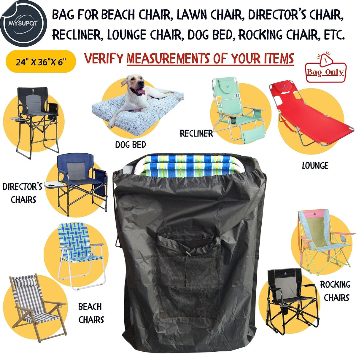 BLACK (Large 36"x24"x6") Beach Chair Bag. For Tent, Camping Mattress, Recliner, Dog Bed, Director & Lounge Chair, Booster Seat, Laundry. Light Duty 420D Polyester w/Adjustable Straps.