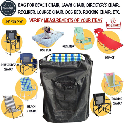 BLACK (Large 36"x24"x6") Beach Chair Bag. For Tent, Camping Mattress, Recliner, Dog Bed, Director & Lounge Chair, Booster Seat, Laundry. Light Duty 420D Polyester w/Adjustable Straps.