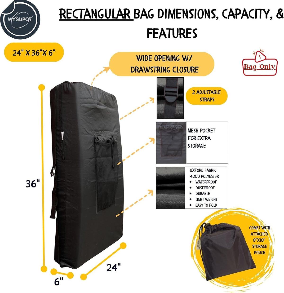 BLACK (Large 36"x24"x6") Beach Chair Bag. For Tent, Camping Mattress, Recliner, Dog Bed, Director & Lounge Chair, Booster Seat, Laundry. Light Duty 420D Polyester w/Adjustable Straps.