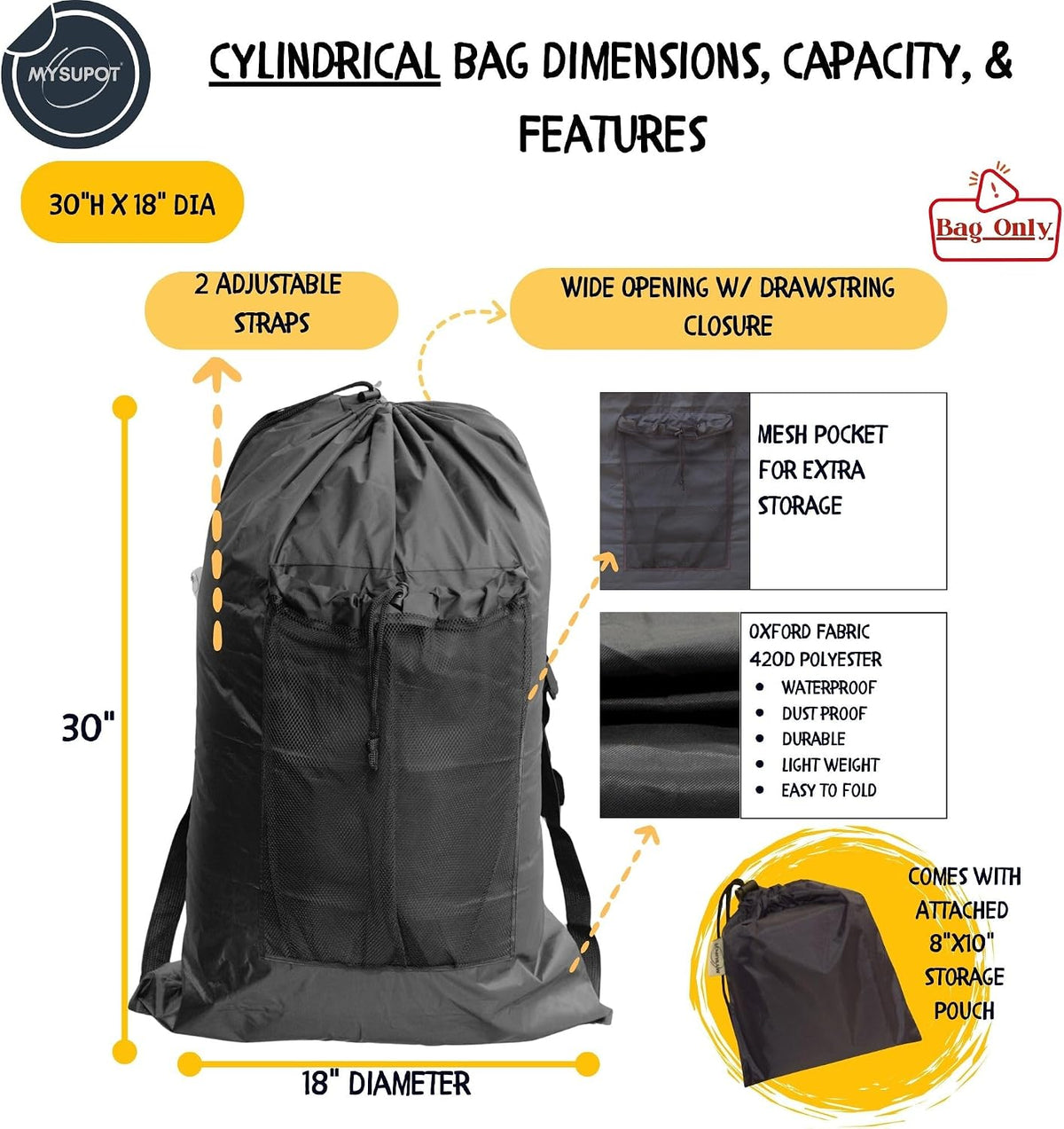 BLACK (Large 36"x24"x6") Beach Chair Bag. For Tent, Camping Mattress, Recliner, Dog Bed, Director & Lounge Chair, Booster Seat, Laundry. Light Duty 420D Polyester w/Adjustable Straps.