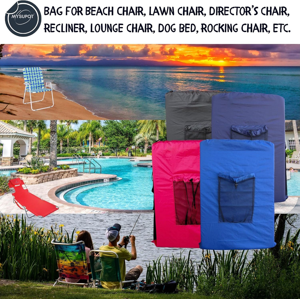 BLACK (Large 36"x24"x6") Beach Chair Bag. For Tent, Camping Mattress, Recliner, Dog Bed, Director & Lounge Chair, Booster Seat, Laundry. Light Duty 420D Polyester w/Adjustable Straps.