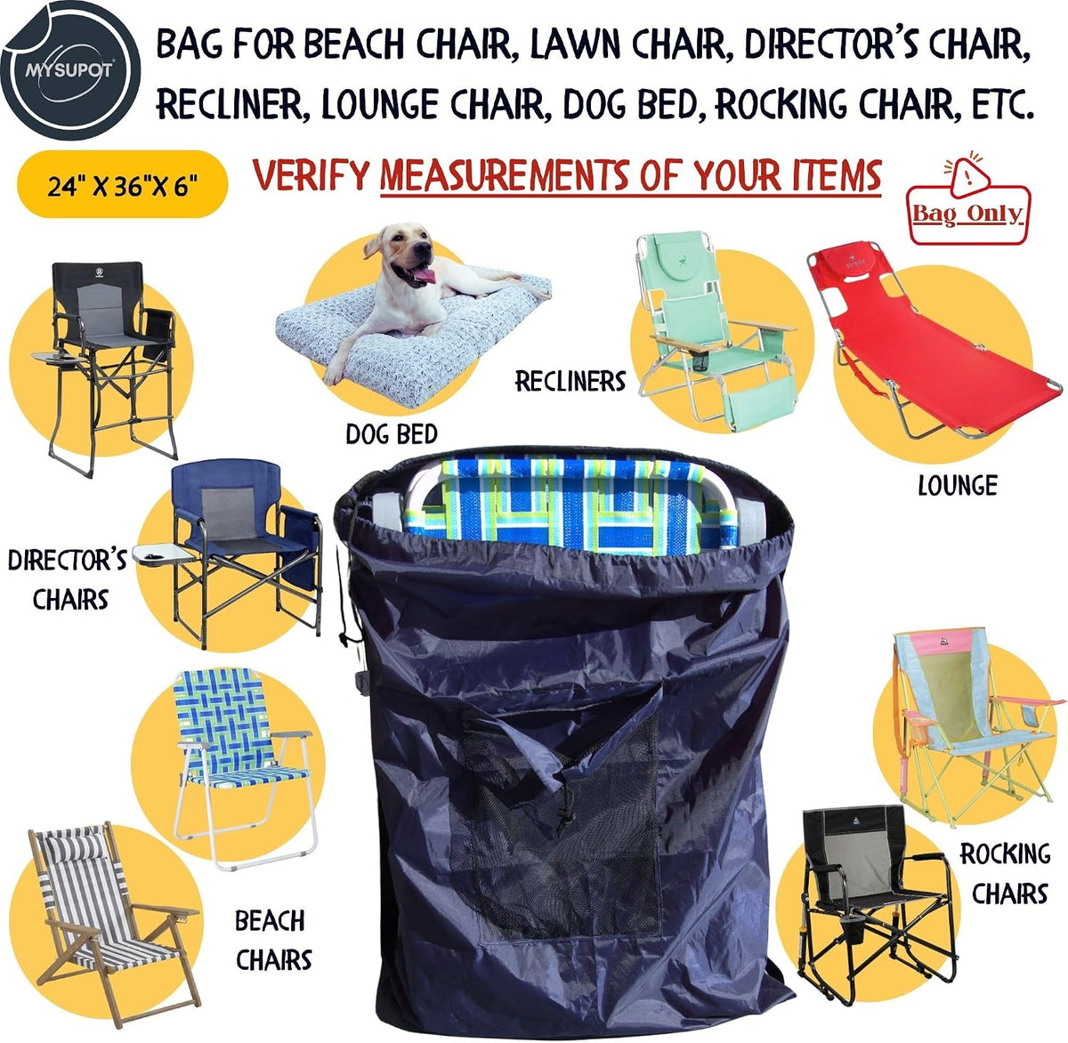 BLACK (Large 36"x24"x6") Beach Chair Bag. For Tent, Camping Mattress, Recliner, Dog Bed, Director & Lounge Chair, Booster Seat, Laundry. Light Duty 420D Polyester w/Adjustable Straps.