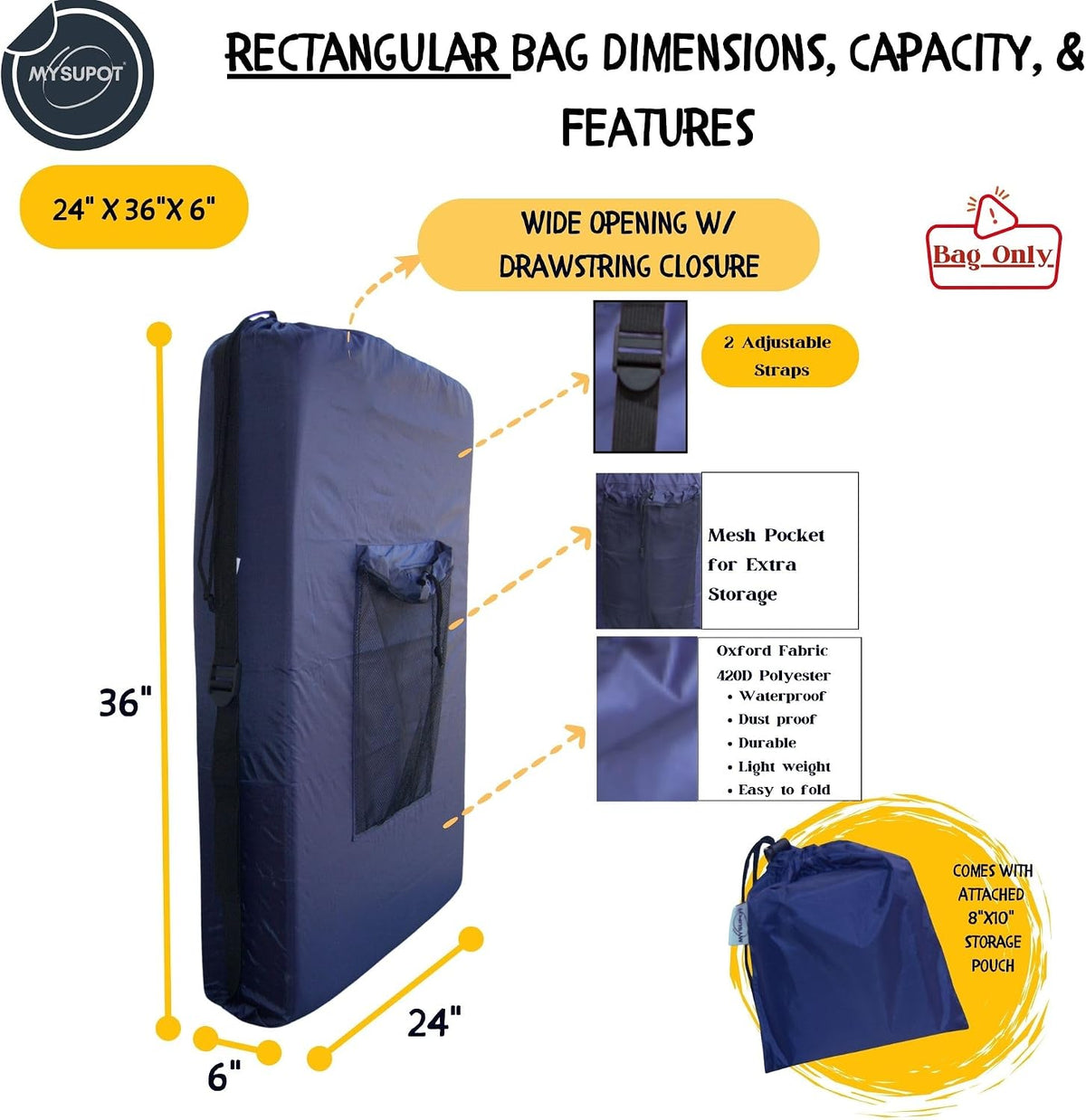 BLACK (Large 36"x24"x6") Beach Chair Bag. For Tent, Camping Mattress, Recliner, Dog Bed, Director & Lounge Chair, Booster Seat, Laundry. Light Duty 420D Polyester w/Adjustable Straps.