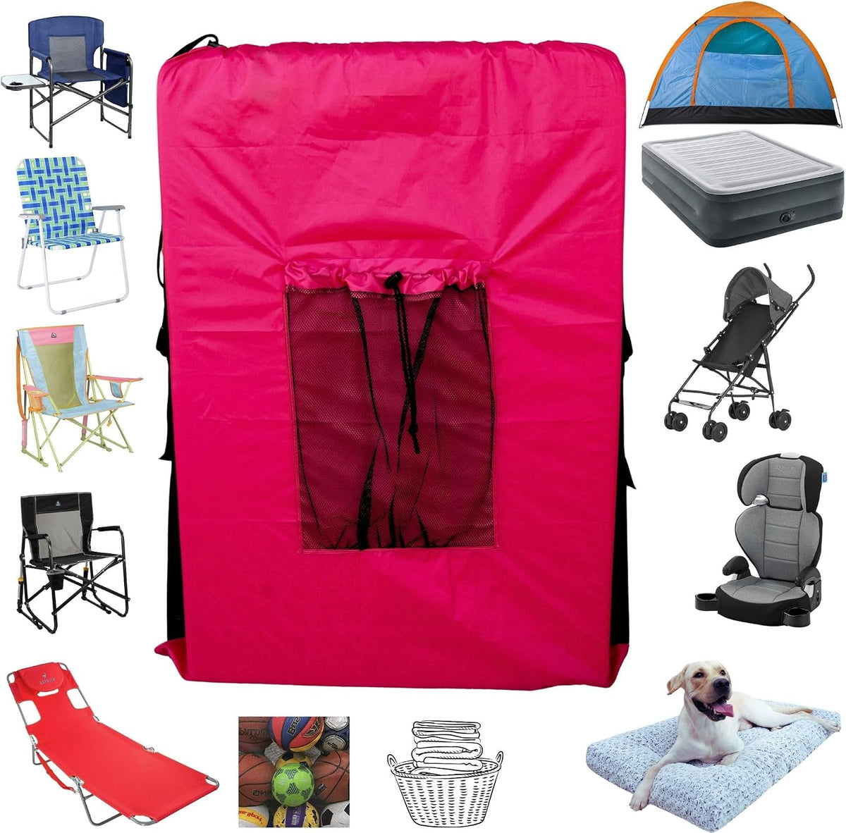 BLACK (Large 36"x24"x6") Beach Chair Bag. For Tent, Camping Mattress, Recliner, Dog Bed, Director & Lounge Chair, Booster Seat, Laundry. Light Duty 420D Polyester w/Adjustable Straps.