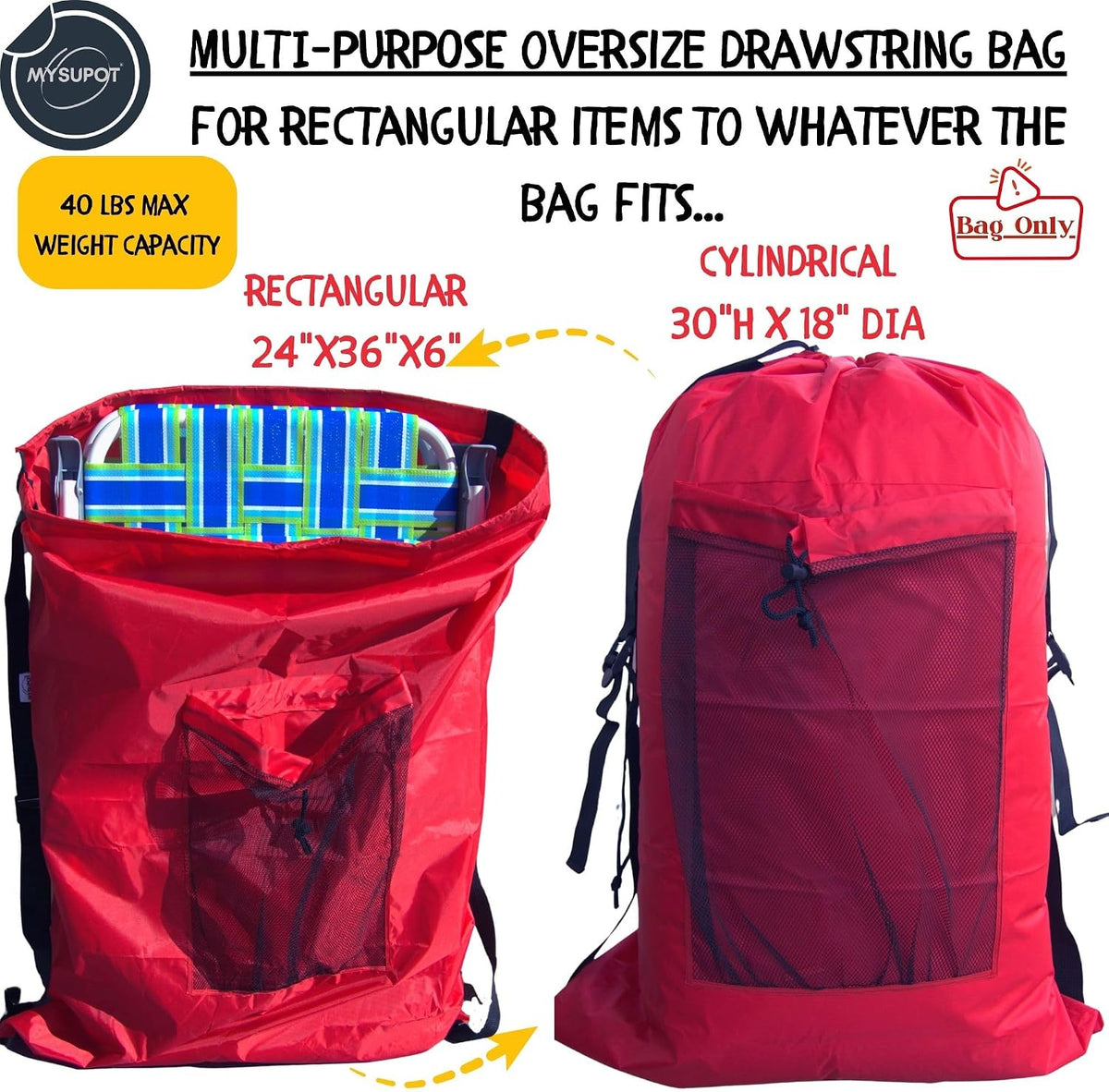 BLACK (Large 36"x24"x6") Beach Chair Bag. For Tent, Camping Mattress, Recliner, Dog Bed, Director & Lounge Chair, Booster Seat, Laundry. Light Duty 420D Polyester w/Adjustable Straps.