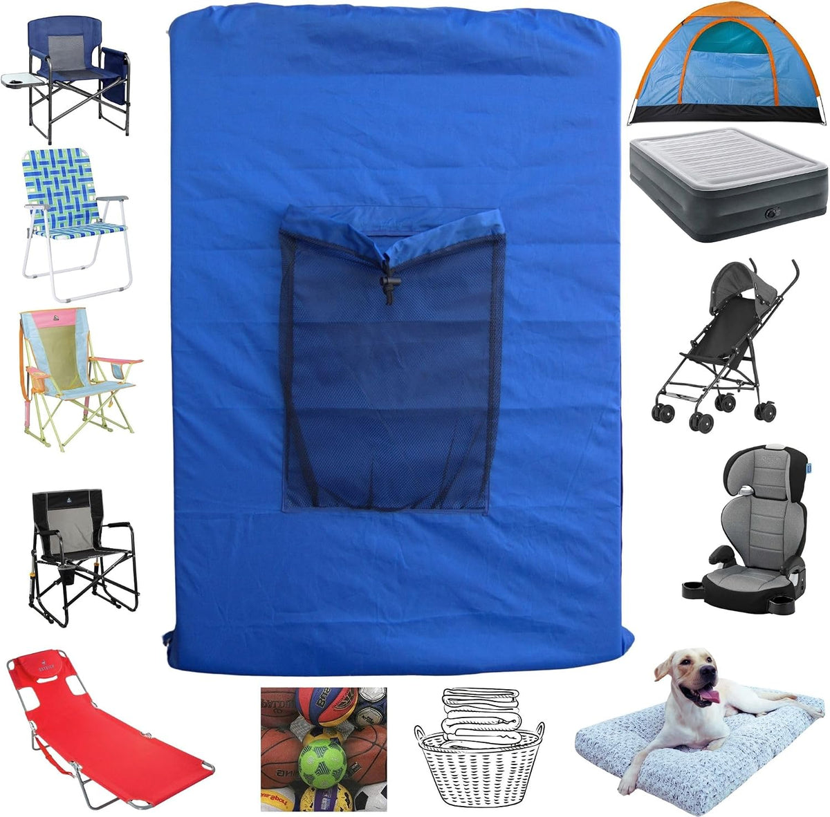 BLACK (Large 36"x24"x6") Beach Chair Bag. For Tent, Camping Mattress, Recliner, Dog Bed, Director & Lounge Chair, Booster Seat, Laundry. Light Duty 420D Polyester w/Adjustable Straps.