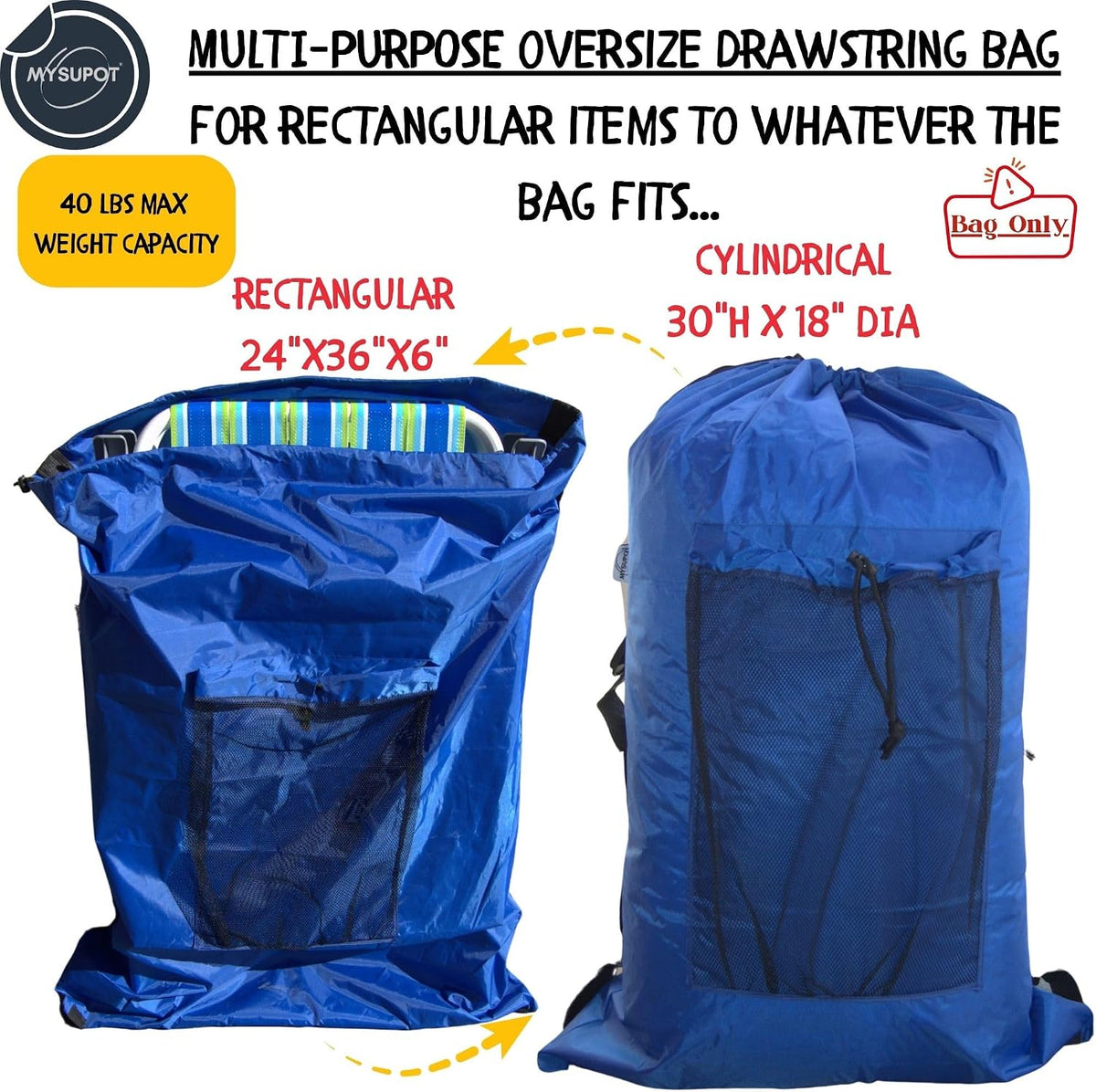 BLACK (Large 36"x24"x6") Beach Chair Bag. For Tent, Camping Mattress, Recliner, Dog Bed, Director & Lounge Chair, Booster Seat, Laundry. Light Duty 420D Polyester w/Adjustable Straps.