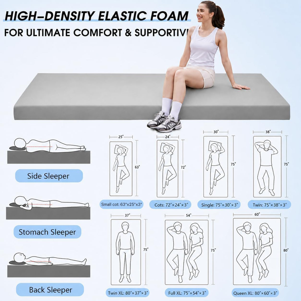 3 Inch Memory Foam Camping Pad, Camping Essentials Roll Up Floor Mat for Car Camping, Cot, Tent, Truck, Travel and Guest Use, Non-Slip Waterproof Bottom, Removable Cover